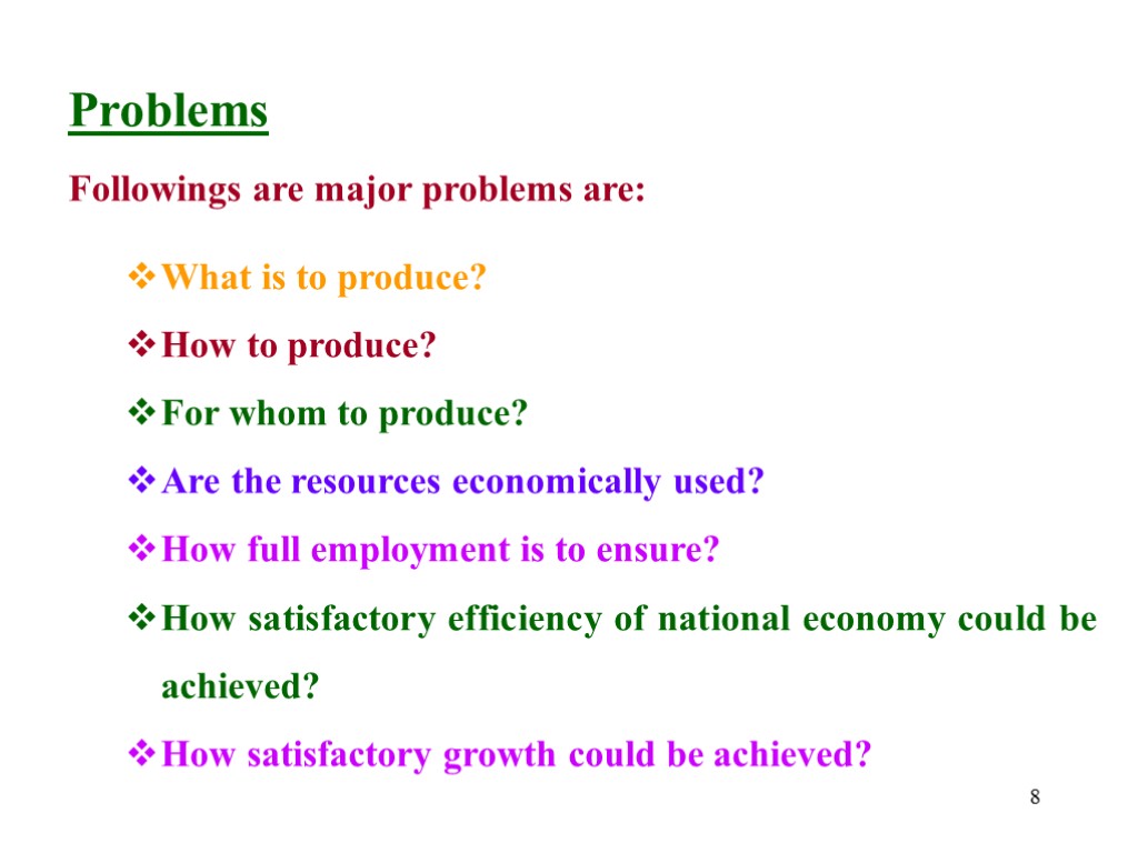 8 Problems Followings are major problems are: What is to produce? How to produce?